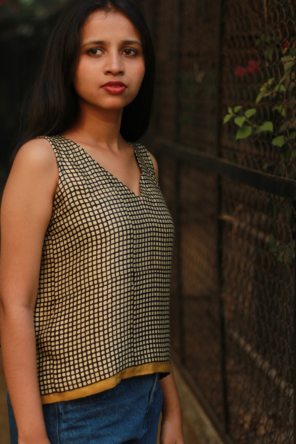 Sleeveless Top | Modal Silk | Black & White Checks