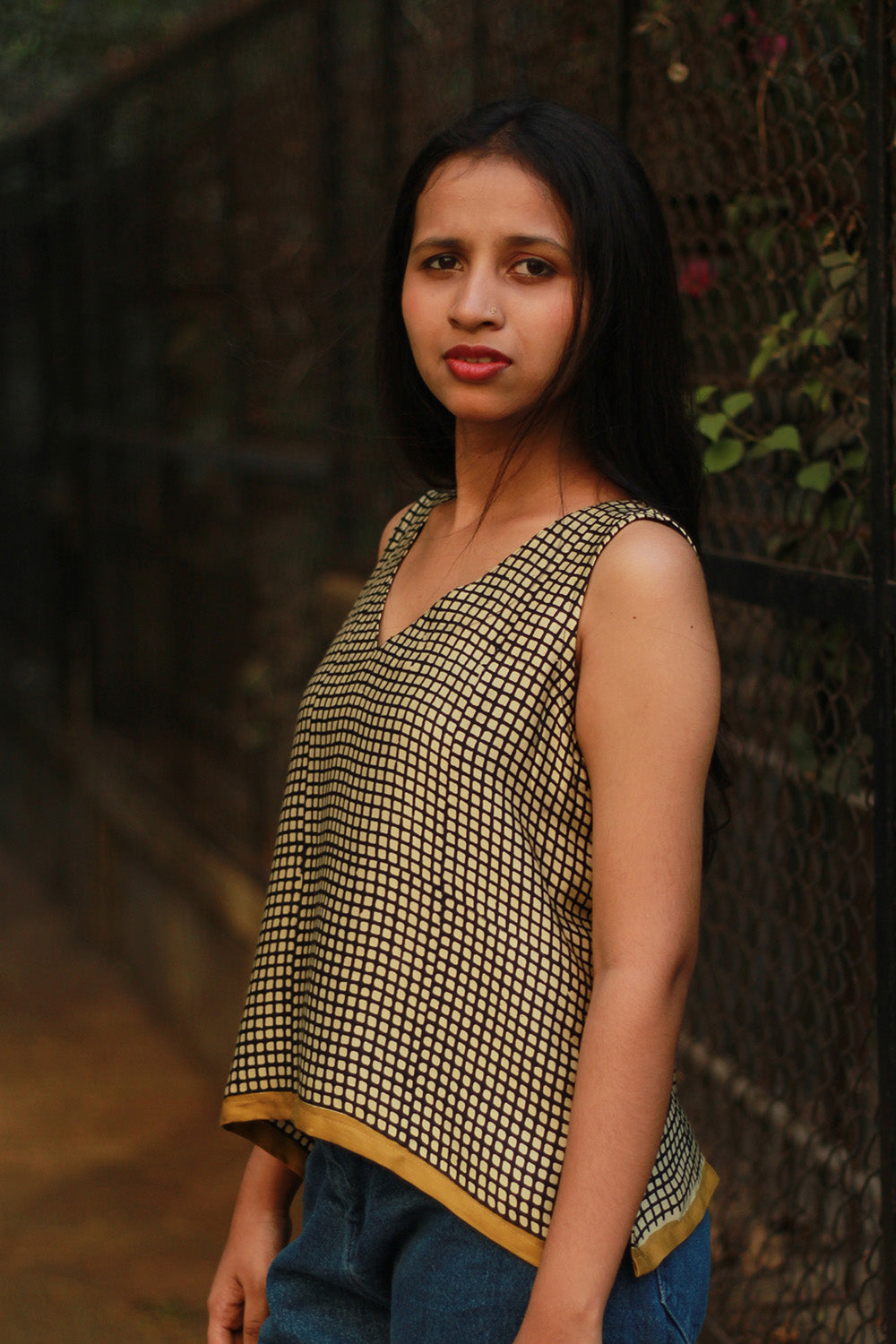 Sleeveless Top | Modal Silk | Black & White Checks