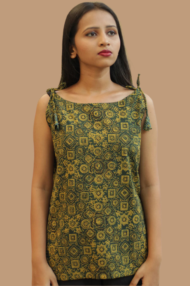 Chanchal | Dori Top | Green & Yellow Universe Ajrakh