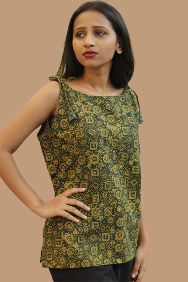 Chanchal | Dori Top | Green & Yellow Universe Ajrakh