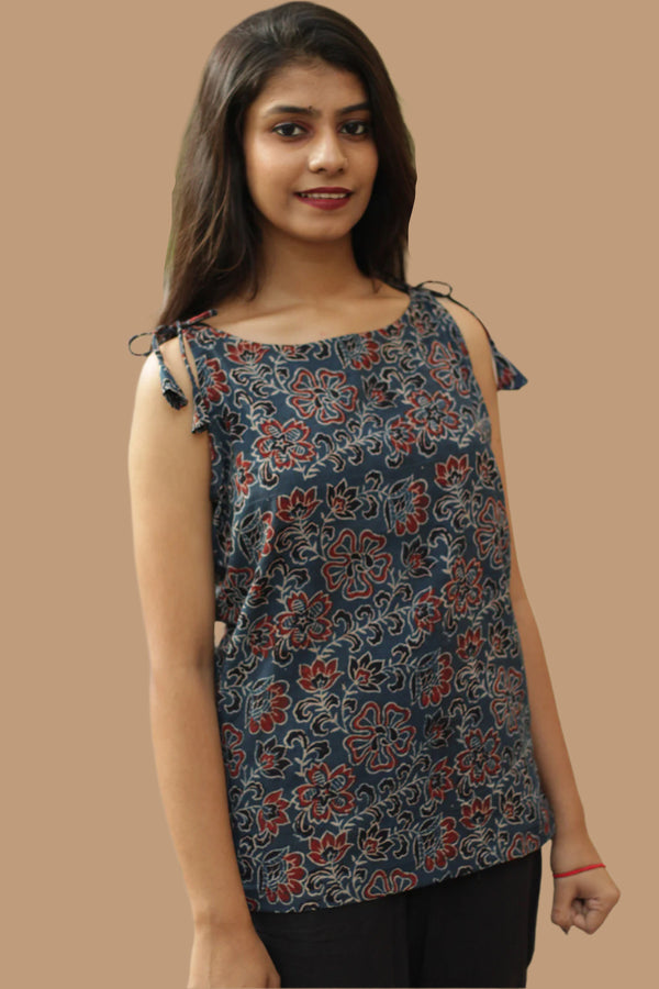 Chanchal | Dori Top | Navy Floral Ajrakh