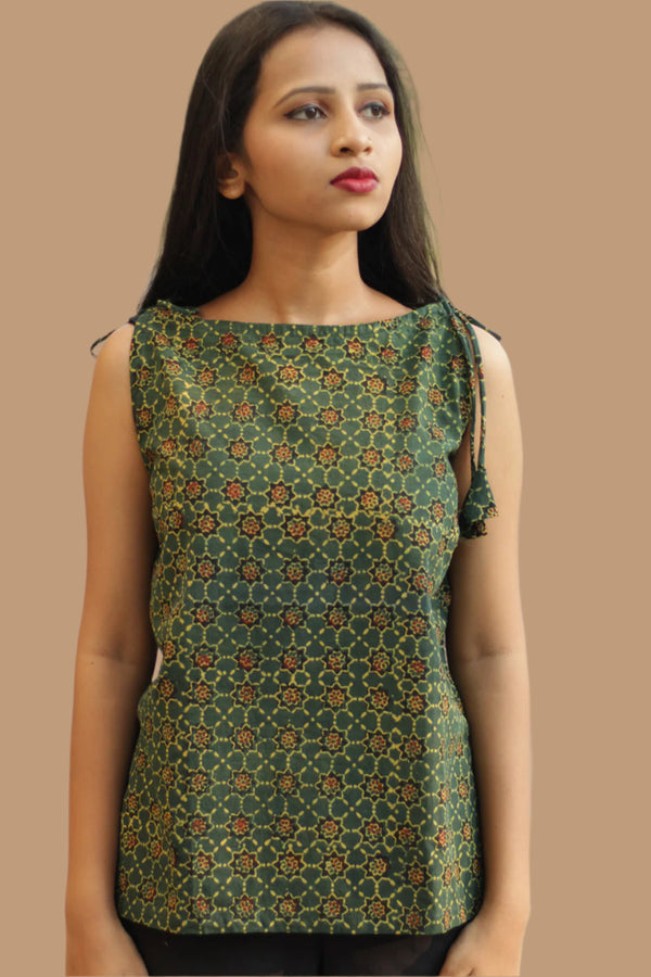 Chanchal | Dori Top | Green Trellis Ajrakh