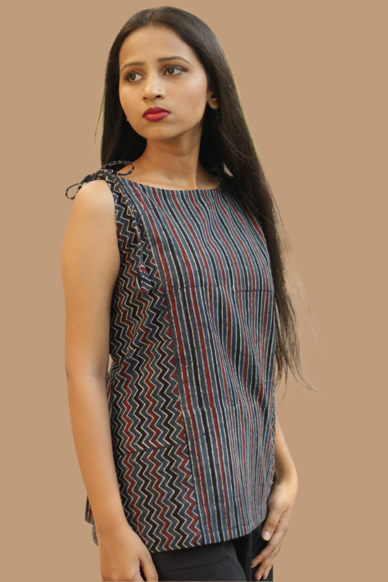 Chanchal | Dori Top | Navy Chevron & Stripes ajrakh