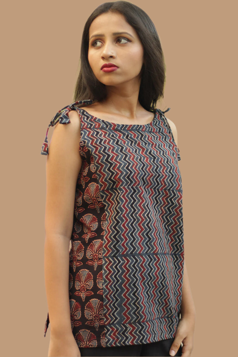 Chanchal | Dori Top | Navy Chevron & Peonies Ajrakh