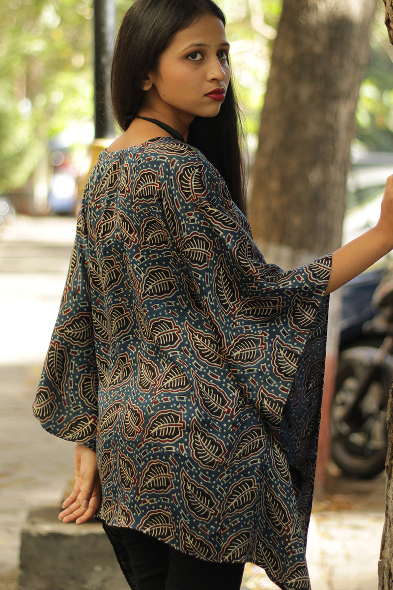 Taarini | Kaftan Modal Silk Top  | Indigo Leaves Ajrakh
