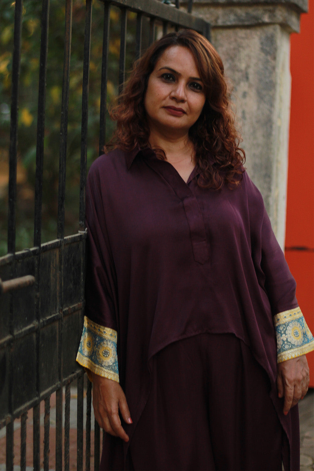 Banarasi Taarini | Collared Kaftan Top | Wine