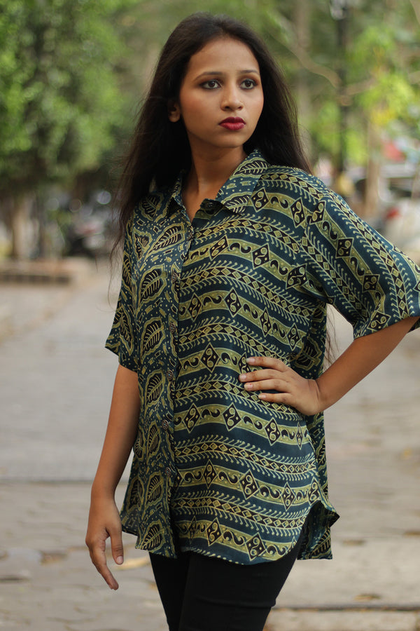 Tara | Ajrakh Modal Shirt | Sea Green Striped