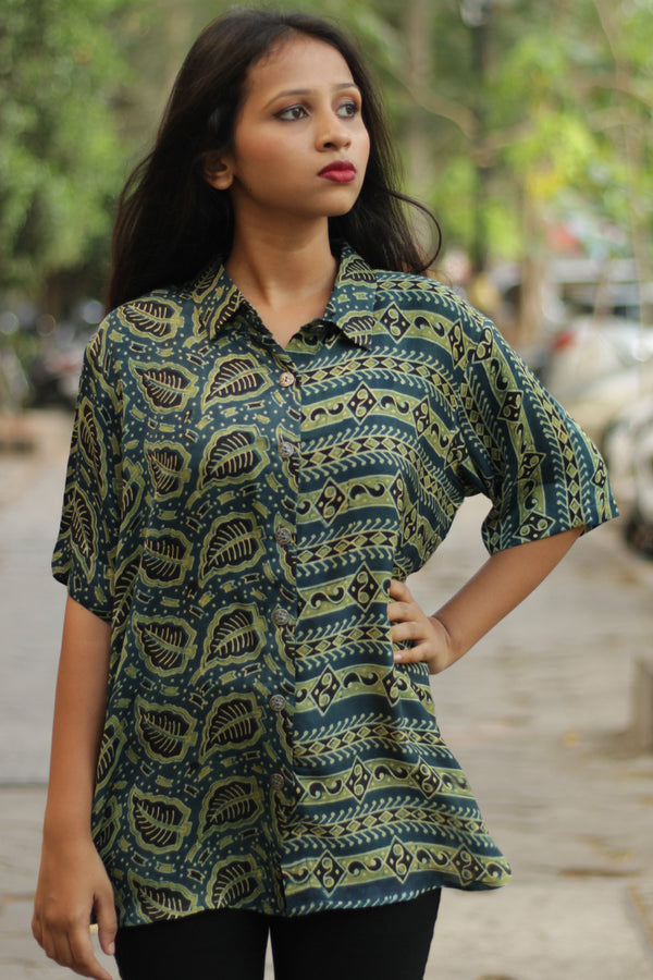 Tara | Ajrakh Modal Shirt | Sea Green Striped