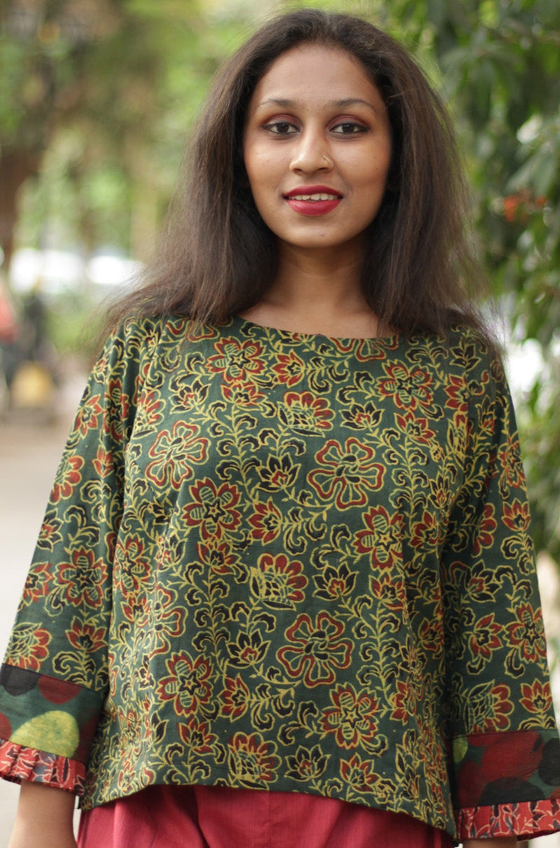 Mrittika | Crop Top | Green Floral Ajrakh