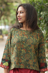 Mrittika | Crop Top | Green Floral Ajrakh