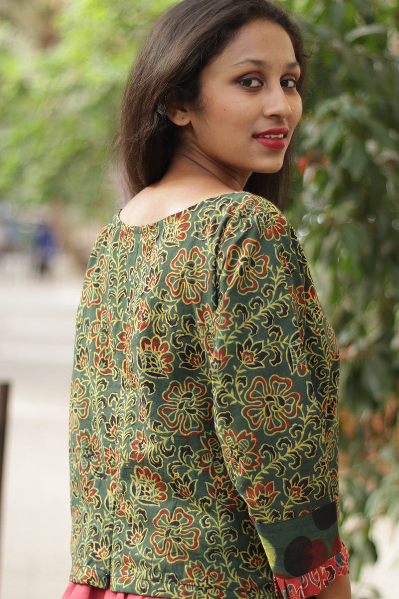 Mrittika | Crop Top | Green Floral Ajrakh