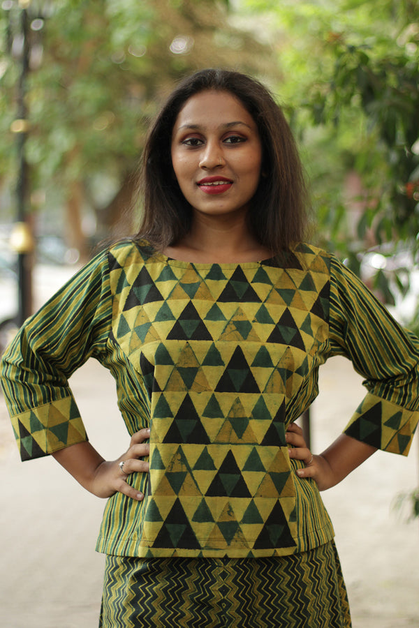 Mrittika | Crop Top | Mustard & Green Trikon Ajrakh