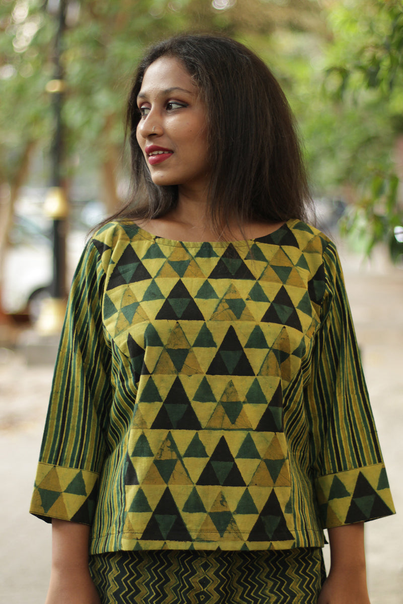 Mrittika | Crop Top | Mustard & Green Trikon Ajrakh