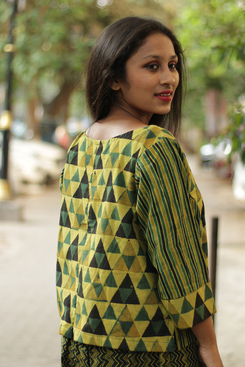 Mrittika | Crop Top | Mustard & Green Trikon Ajrakh