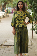 Mrittika | Crop Top | Mustard & Green Trikon Ajrakh