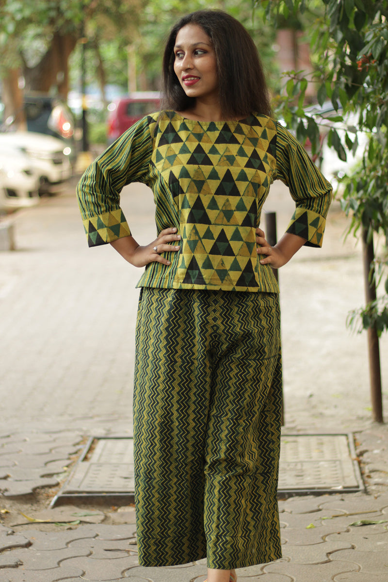 Mrittika | Crop Top | Mustard & Green Trikon Ajrakh