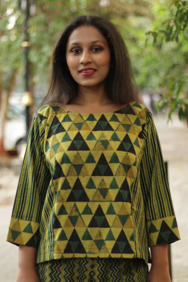 Mrittika | Crop Top | Mustard & Green Trikon Ajrakh