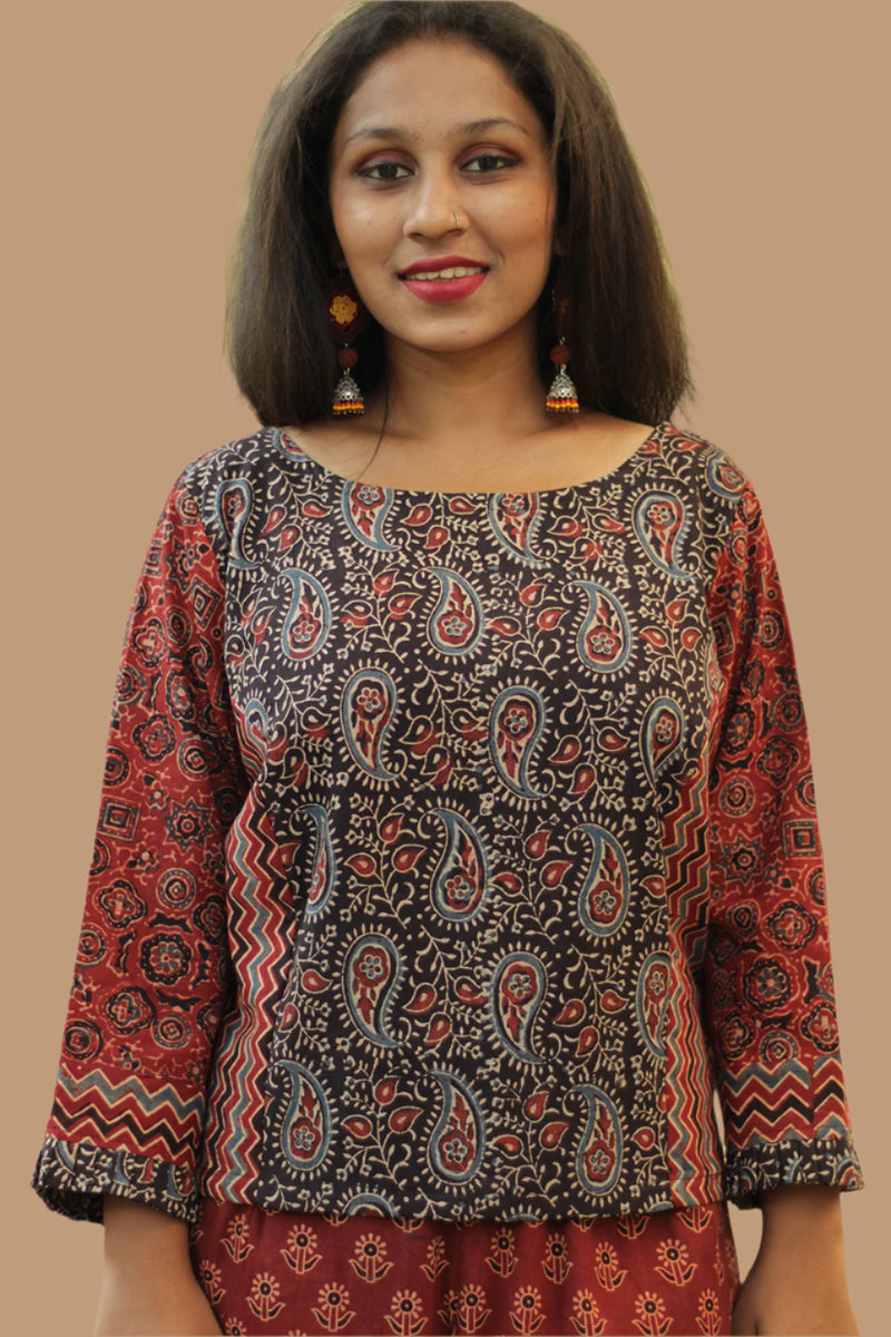 Mrittika | Crop Top | Noir Kairi Ajrakh