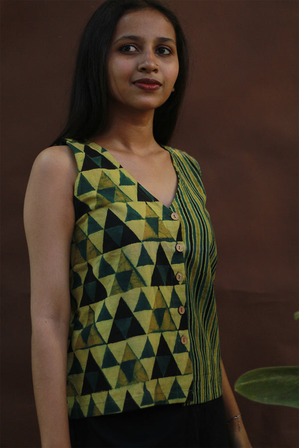 Front Buttoned Vest | Mustard Yellow Stripes & Trikon