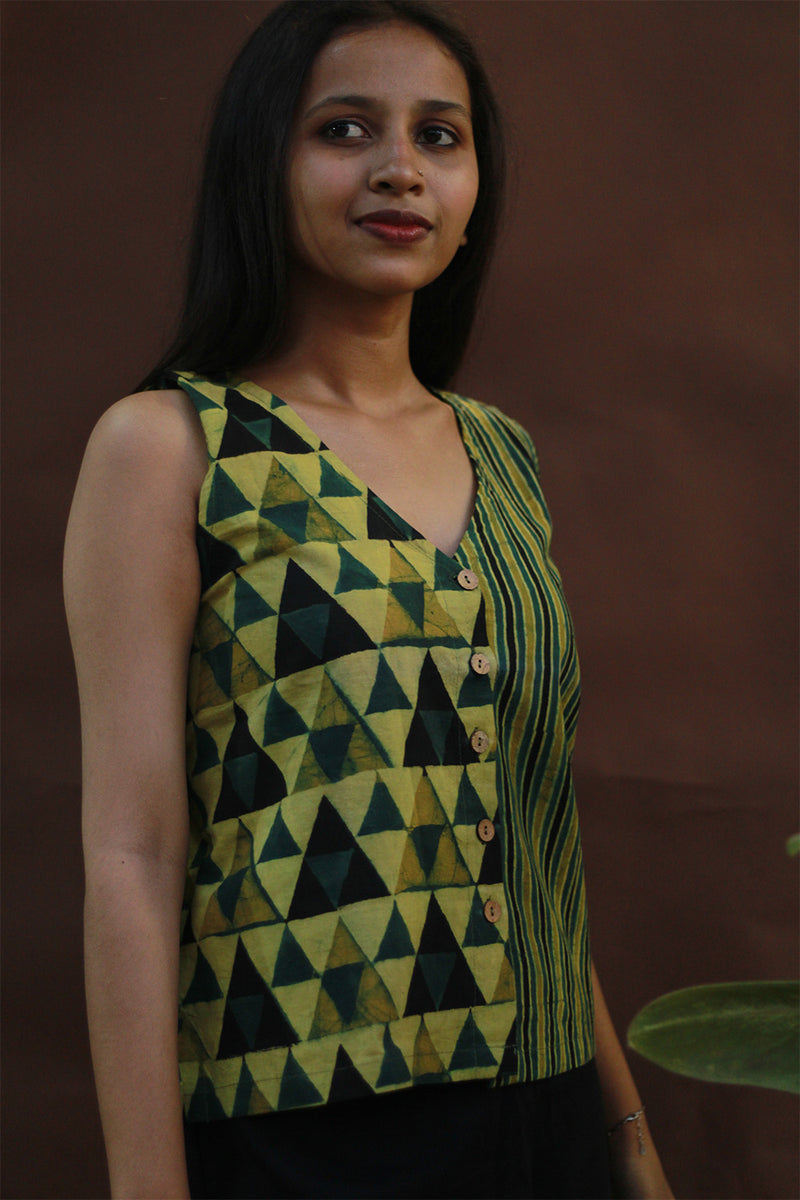 Front Buttoned Vest | Mustard Yellow Stripes & Trikon
