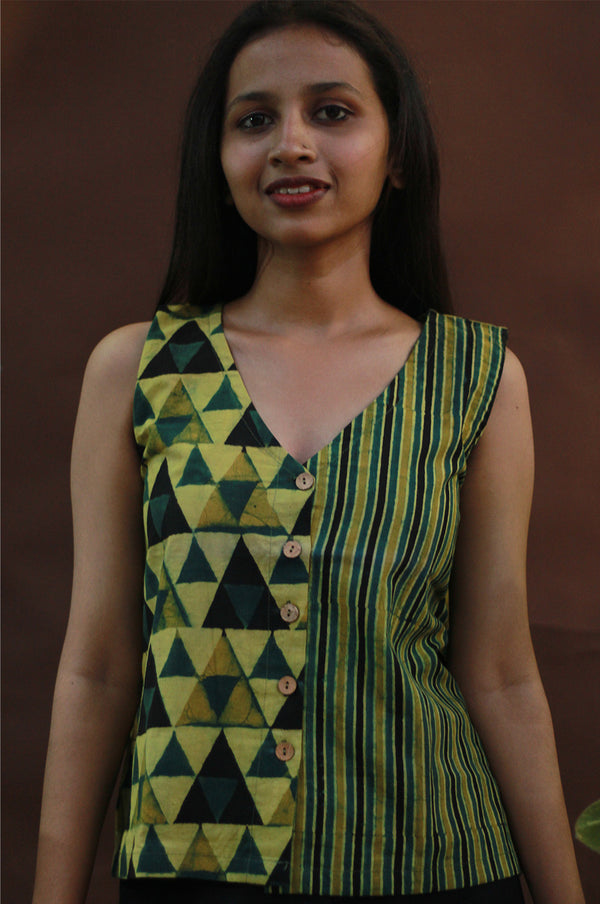 Front Buttoned Vest | Mustard Yellow Stripes & Trikon