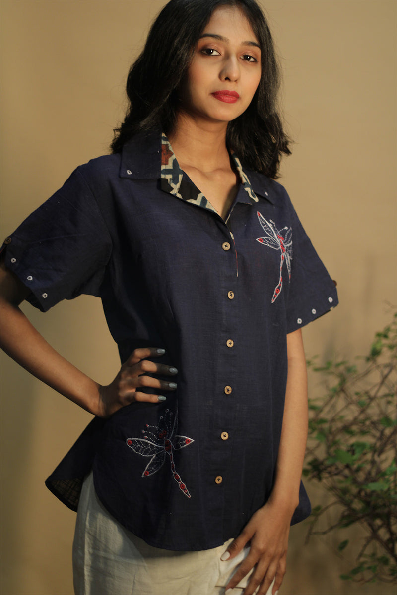 Ambrai | Embroidered Cotton Shirt | Blue