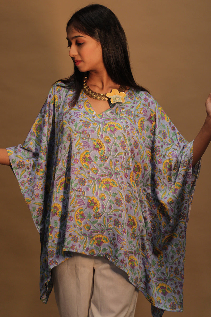 Taarini | Modal Silk Kaftan Top | Cornflower Blue Sanganeri