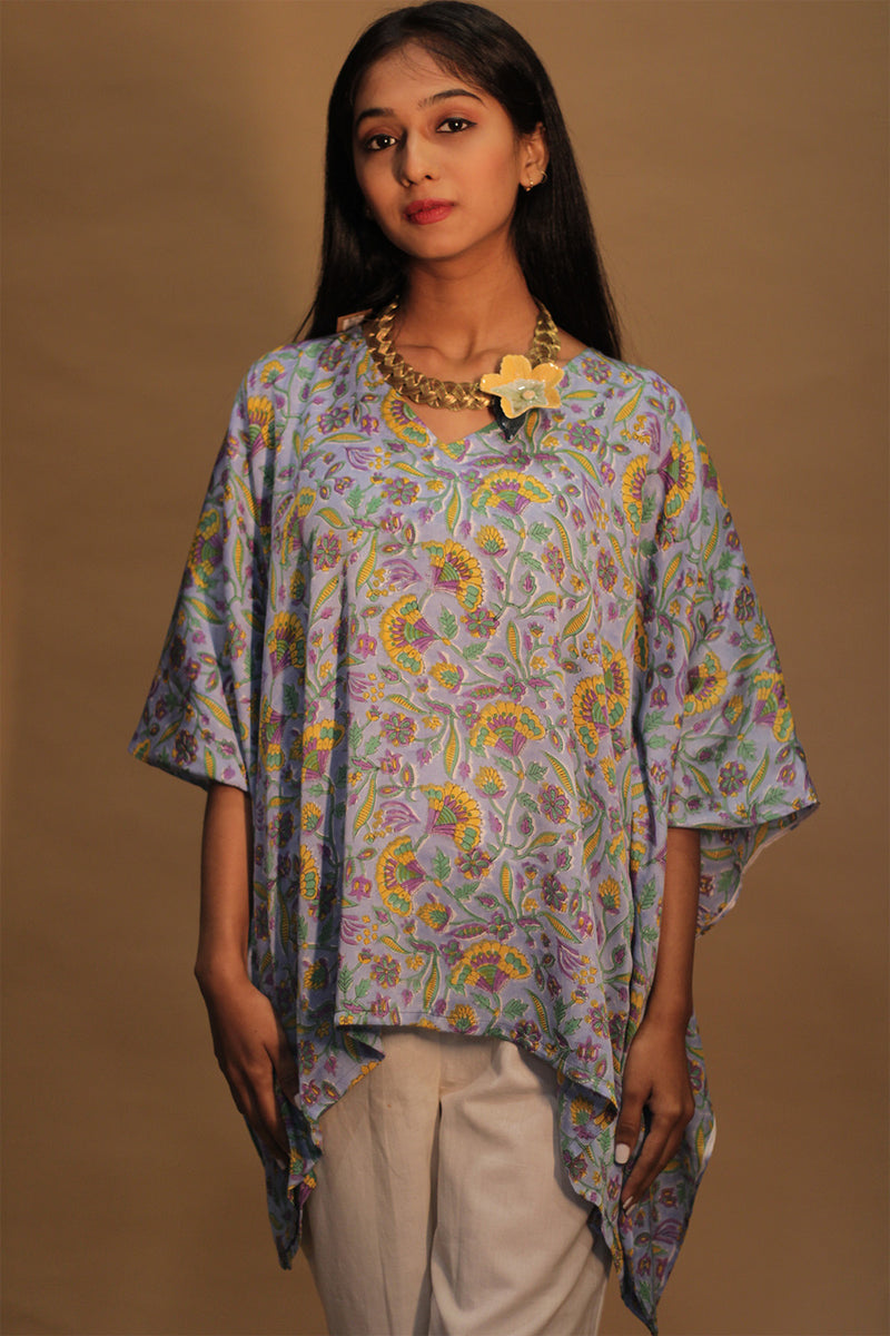Taarini | Modal Silk Kaftan Top | Cornflower Blue Sanganeri