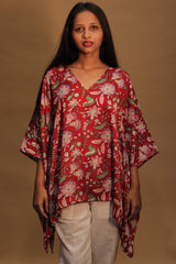 Taarini | Modal Silk Kaftan Top | Red Floral Sanganeri