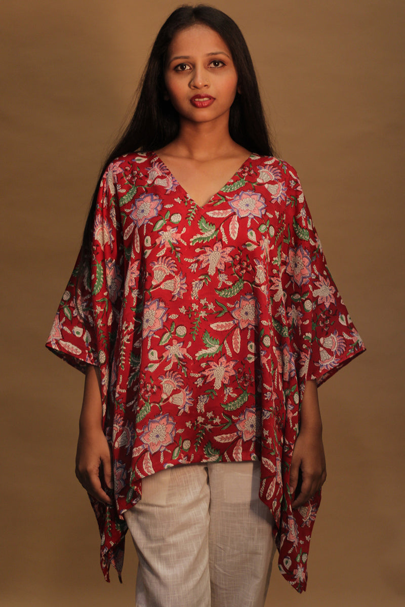 Taarini | Modal Silk Kaftan Top | Red Floral Sanganeri