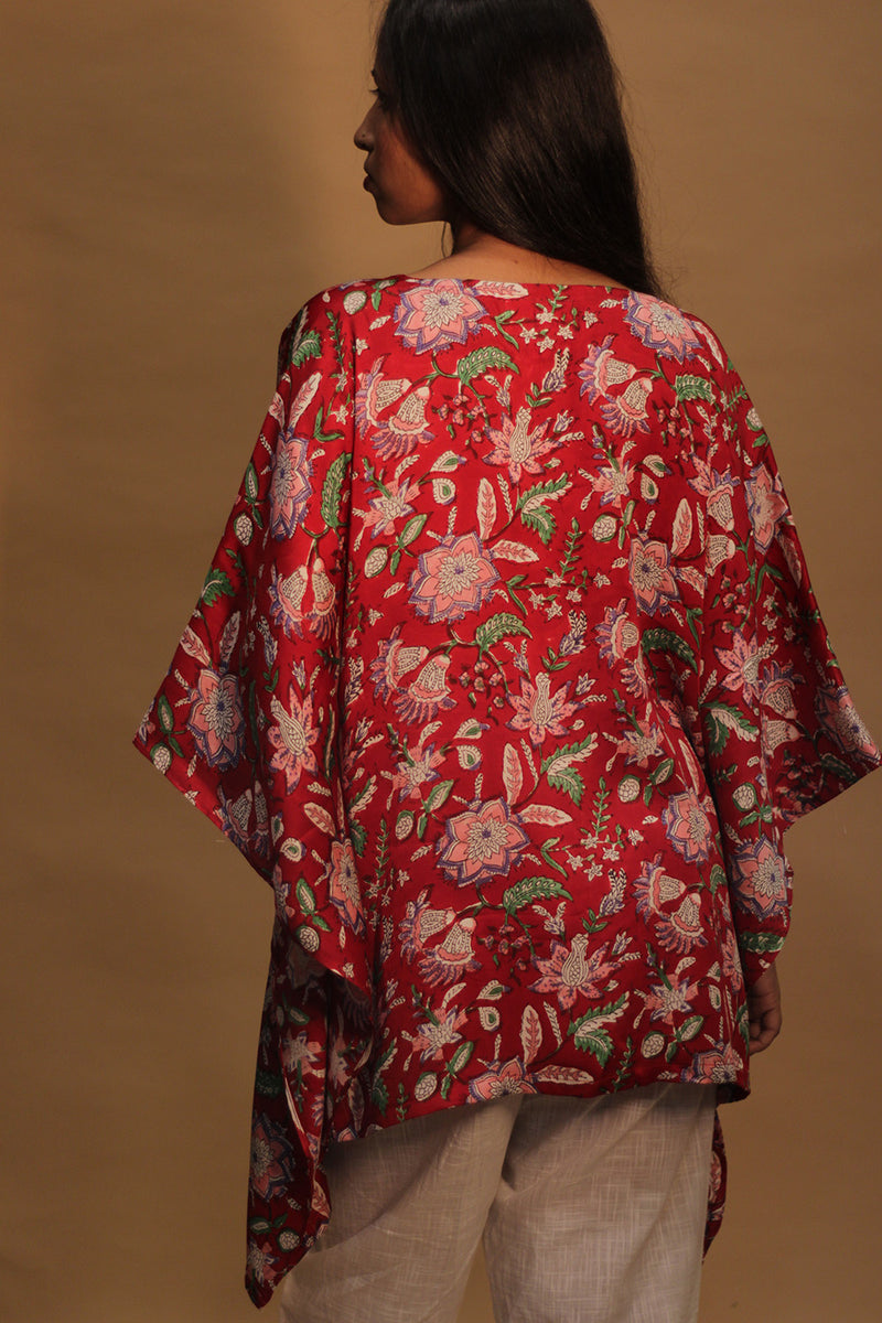 Taarini | Modal Silk Kaftan Top | Red Floral Sanganeri