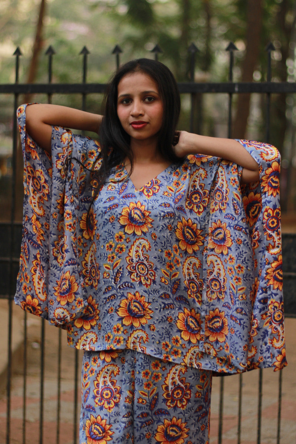 Taarini | Modal Silk Kaftan Top | Periwinkle Blue Sanganeri