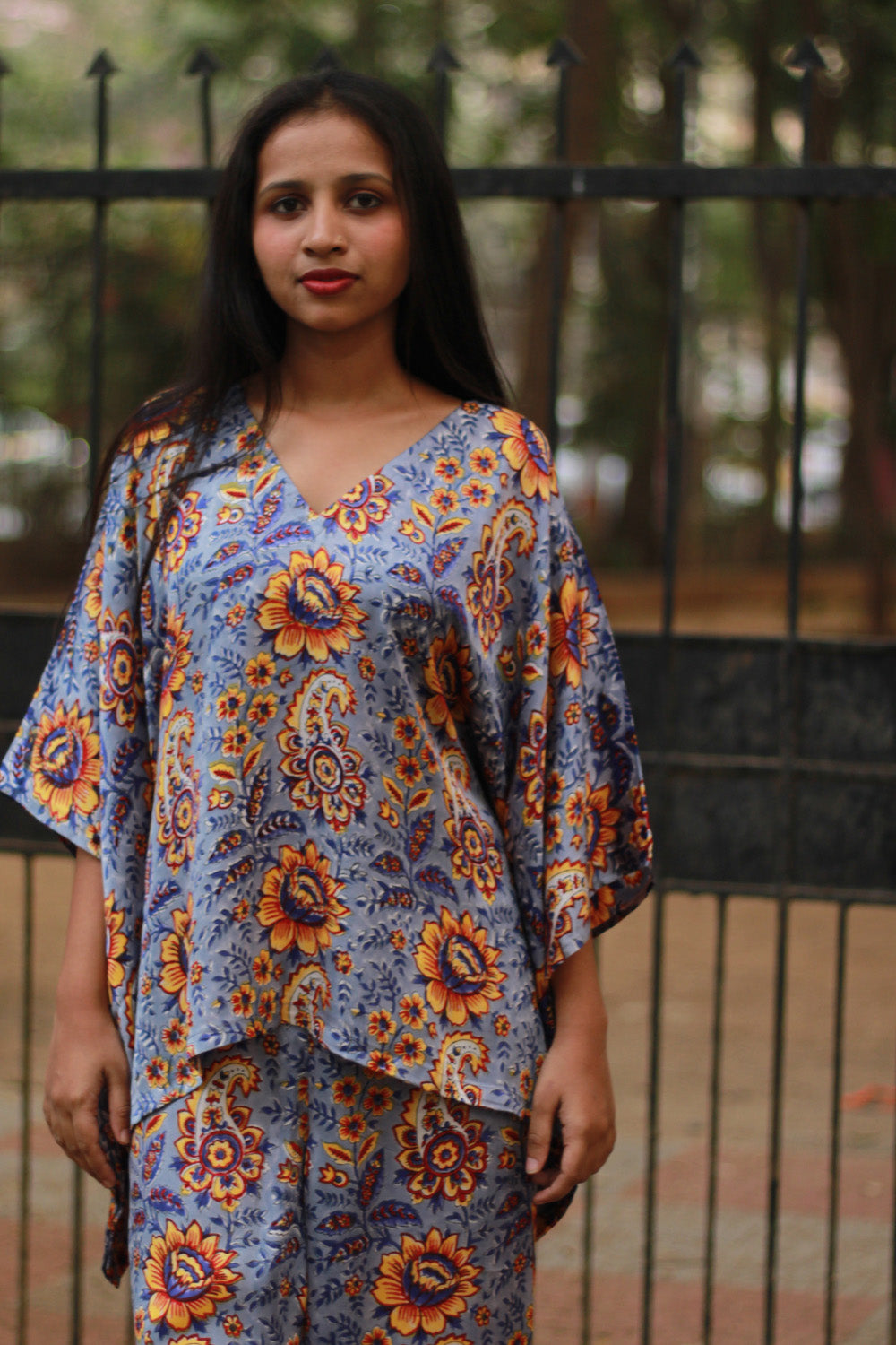 Taarini | Modal Silk Kaftan Top | Periwinkle Blue Sanganeri