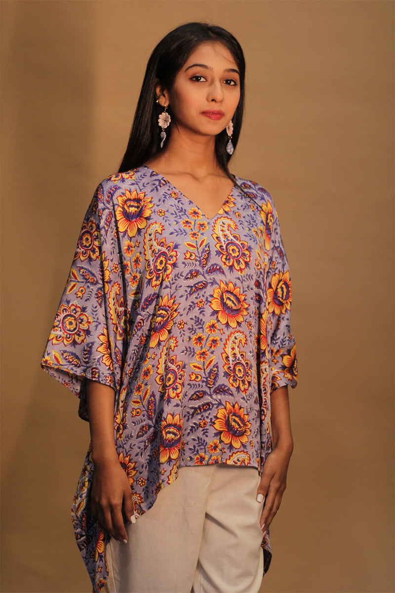 Taarini | Modal Silk Kaftan Top | Periwinkle Blue Sanganeri