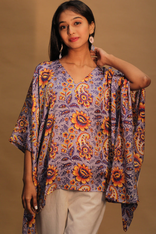 Taarini | Modal Silk Kaftan Top | Periwinkle Blue Sanganeri