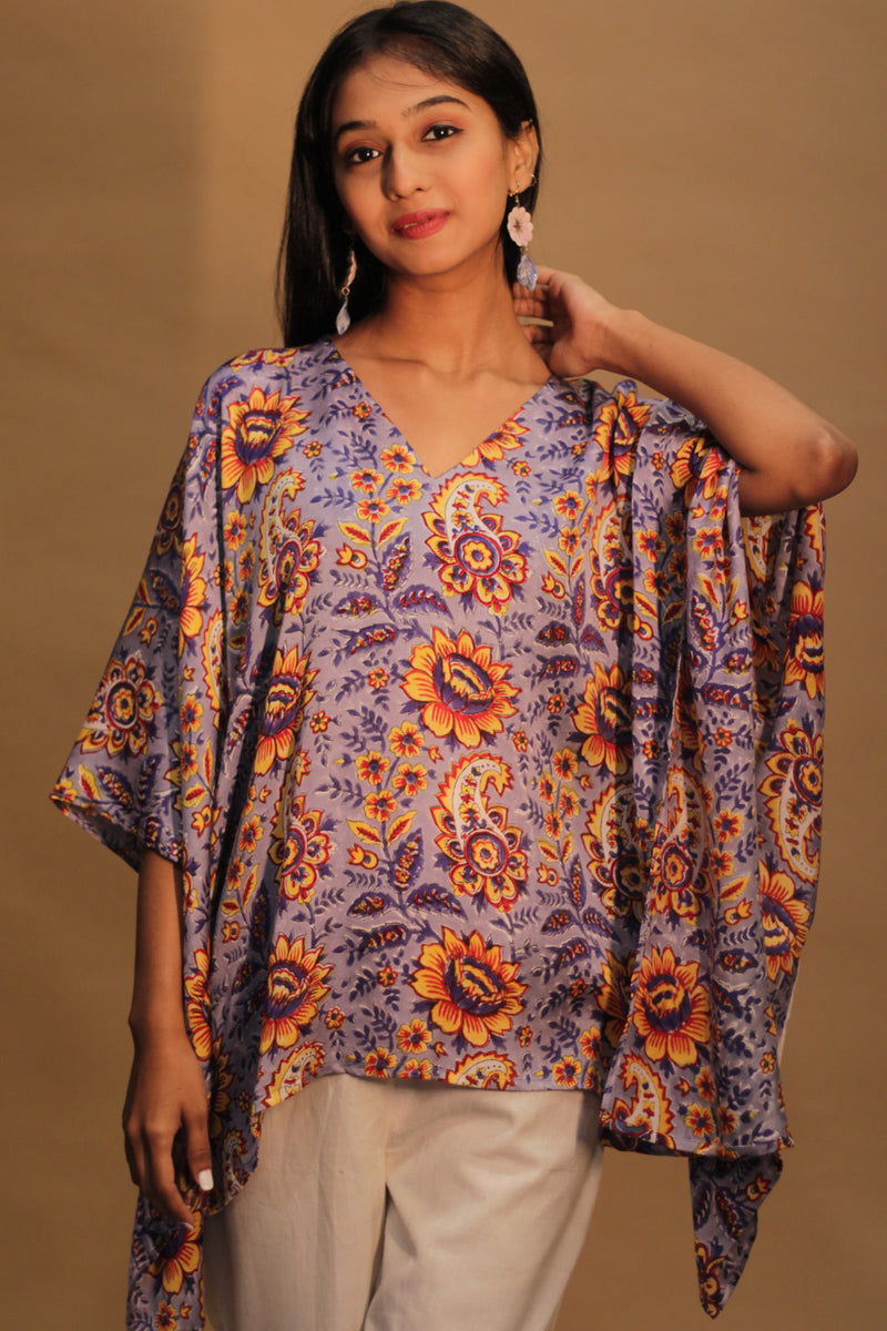 Taarini | Modal Silk Kaftan Top | Periwinkle Blue Sanganeri