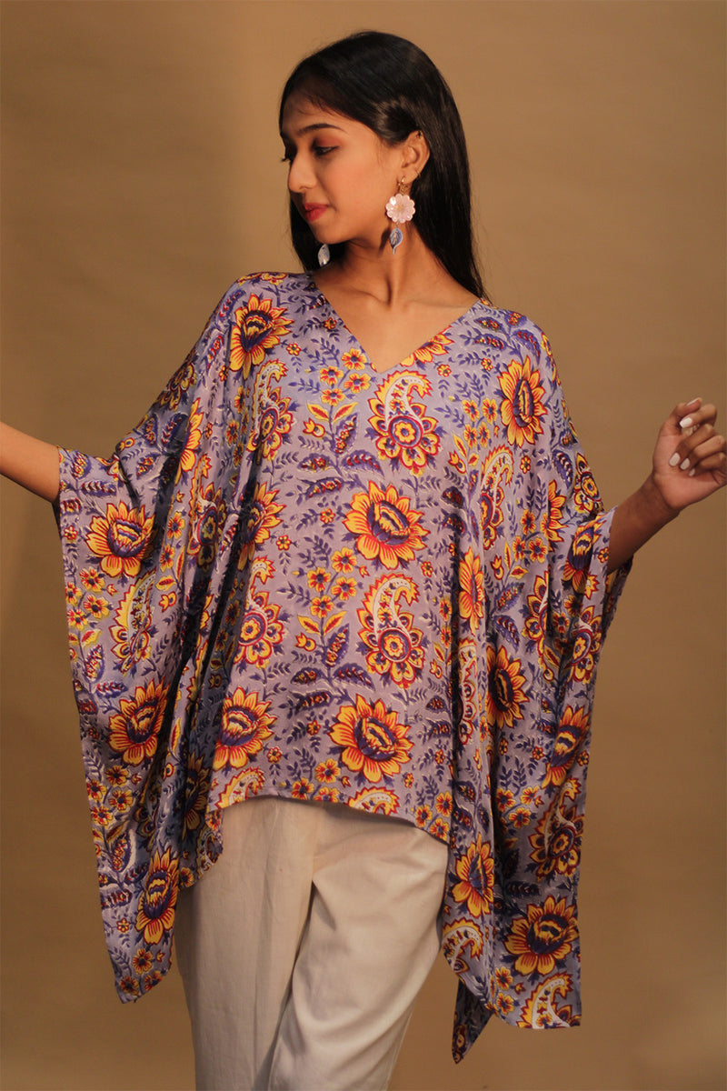 Taarini | Modal Silk Kaftan Top | Periwinkle Blue Sanganeri