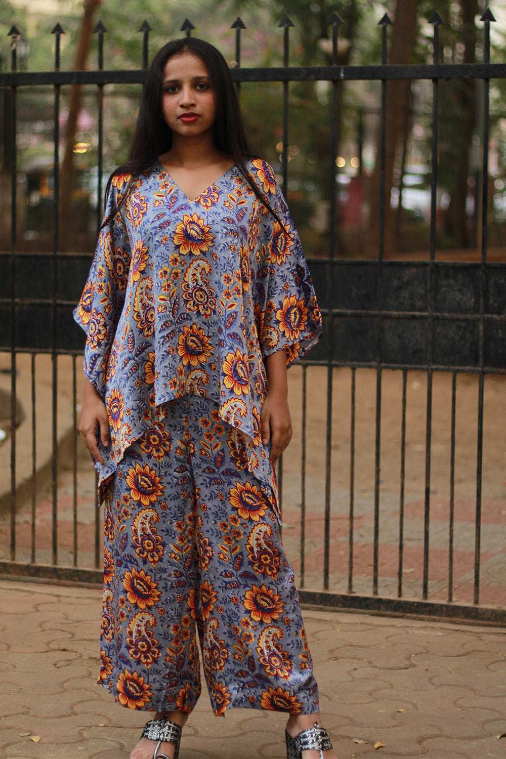 Taarini | Modal Silk Kaftan Top | Periwinkle Blue Sanganeri