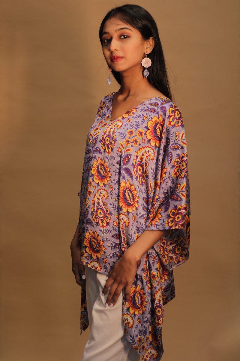 Taarini | Modal Silk Kaftan Top | Periwinkle Blue Sanganeri