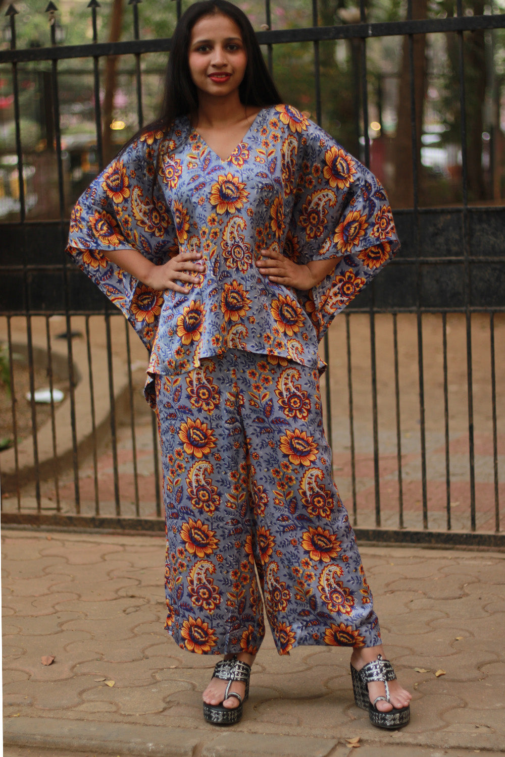 Taarini | Modal Silk Kaftan Top | Periwinkle Blue Sanganeri