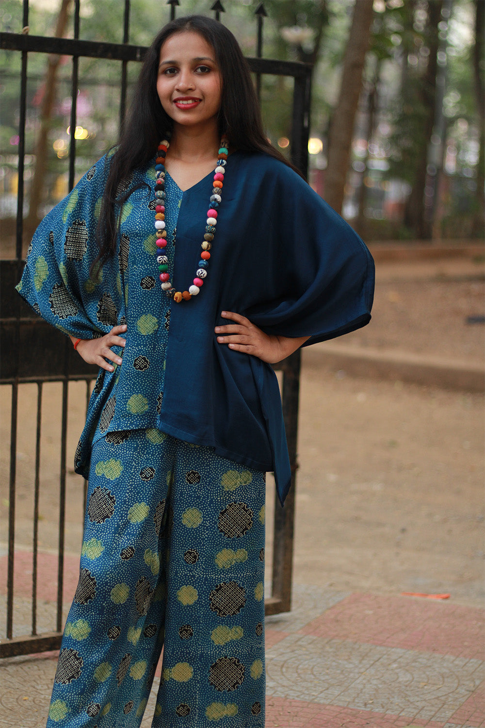 Taarini | Modal Silk Kaftan Top | Sea Green with Blue