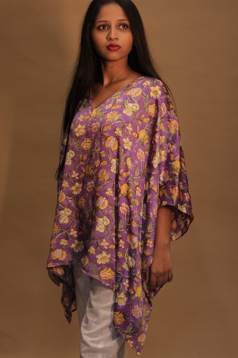 Taarini | Modal Silk Kaftan Top | Mauve floral Sanganeri