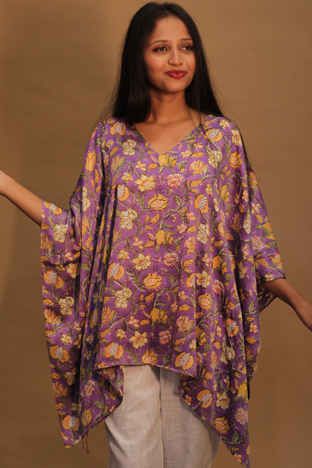 Taarini | Modal Silk Kaftan Top | Mauve floral Sanganeri