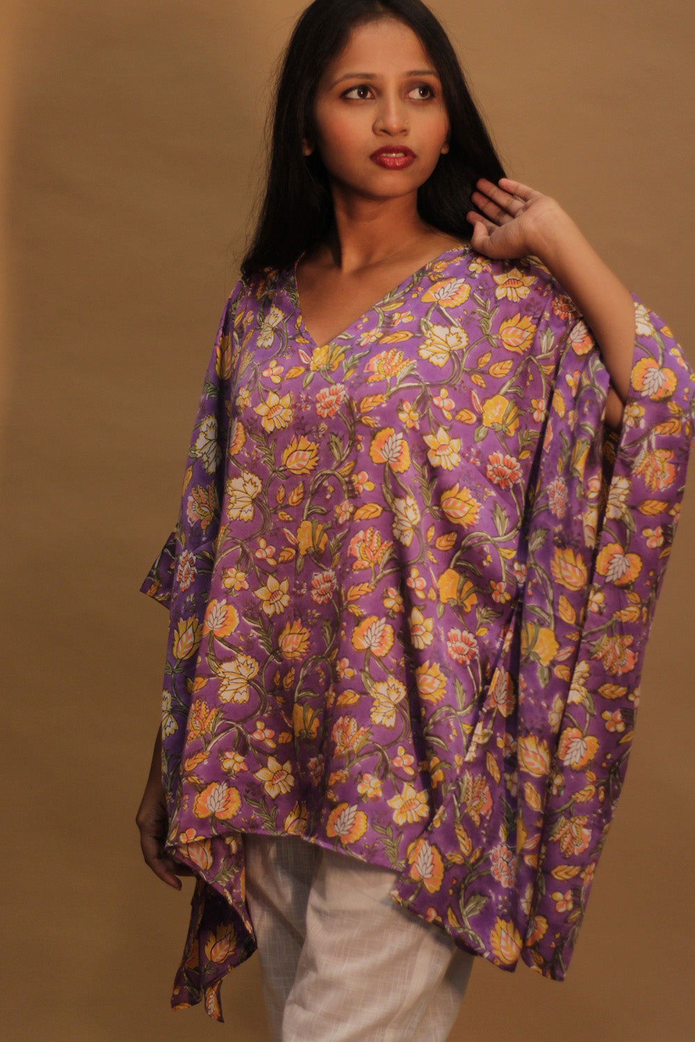 Taarini | Modal Silk Kaftan Top | Mauve floral Sanganeri