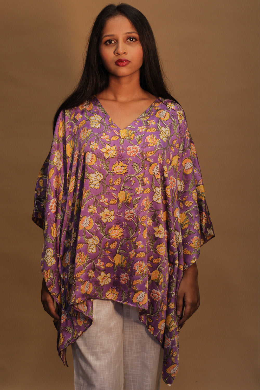 Taarini | Modal Silk Kaftan Top | Mauve floral Sanganeri