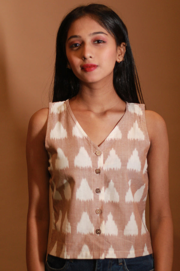 Front Buttoned Vest | Ikkat | Cinnamon Brown