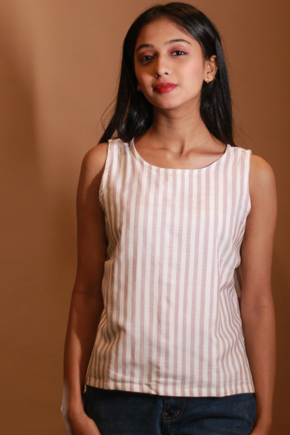 Prisha | Maheshwari Cotton Silk Top | Brick Red Stripes