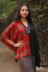 Taarini | Modal Silk Kaftan Top | Red Booti Ajrakh with Noir