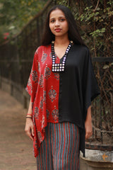 Taarini | Modal Silk Kaftan Top | Red Booti Ajrakh with Noir