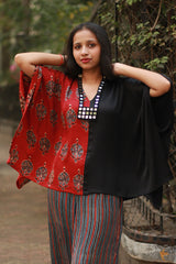Taarini | Modal Silk Kaftan Top | Red Booti Ajrakh with Noir